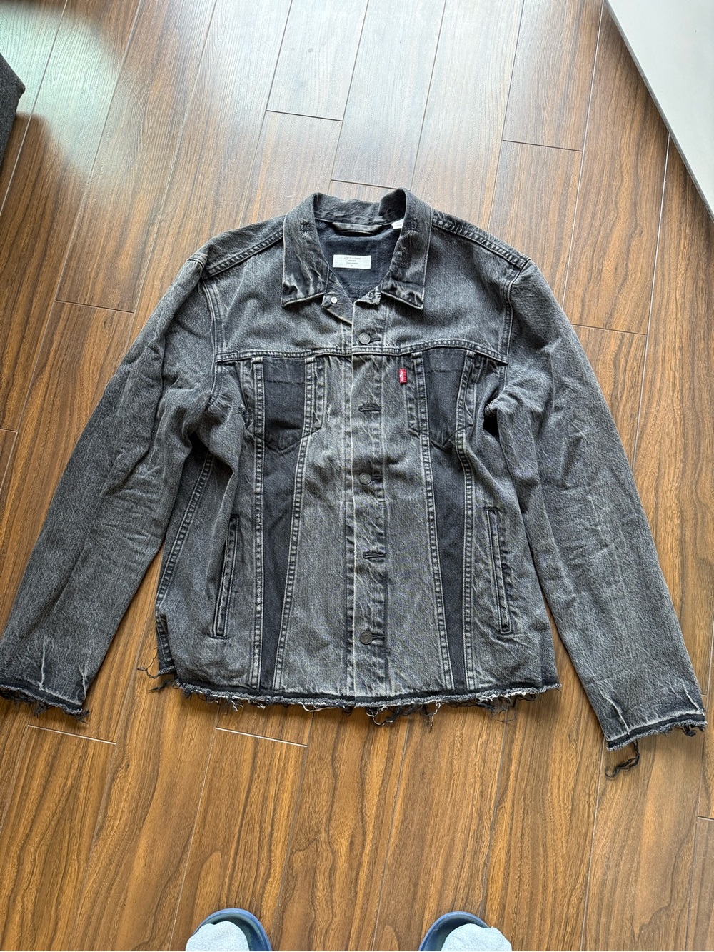 Levi's Washed Black Denim Jacket with Frayed Hem